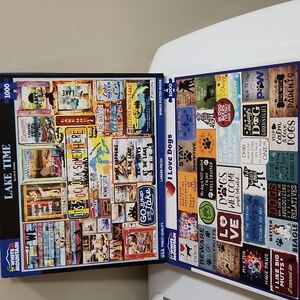 2 White Mountain Puzzles Lake Time & I Love Dogs 1000pc Complete Collage Signs